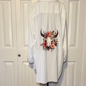 The perfect oversized white shirt with hand stencil Floral Bull Skull Design